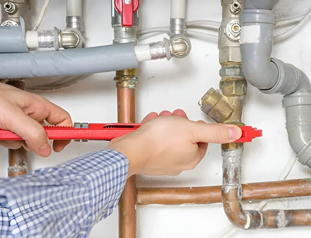 Plumber Using a Red Adjustable Wrench on Copper Pipes and Valves — Corrimal Plumbing Services in Woonona, NSW